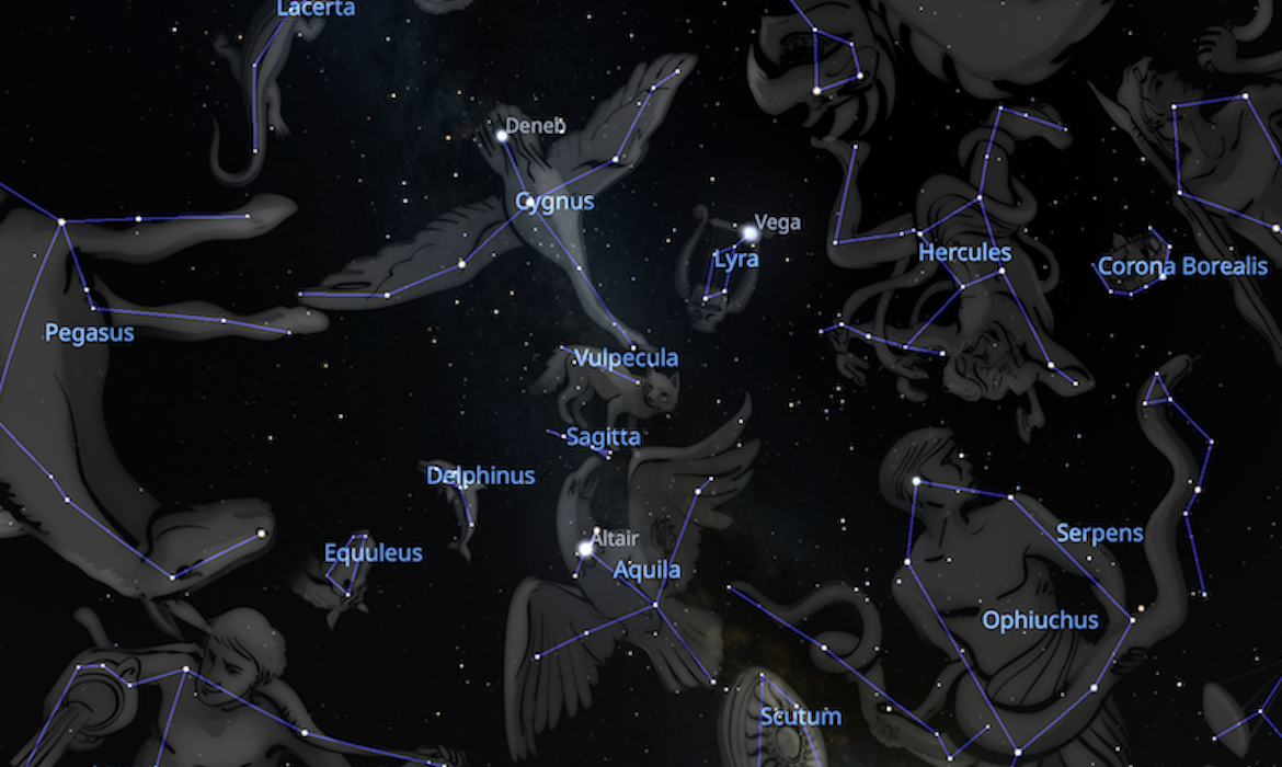 An image created by Stellarium, with the use of constellation art, showing the Summer Triangle and surrounding constellations in the Northern Hemisphere.